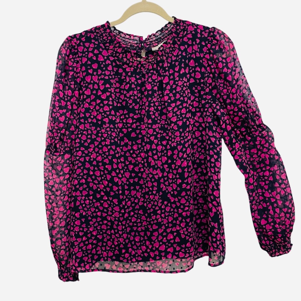 Loft Heart Print Blouse Womens Medium Navy Pink Smocked Neck Long Sleeve Top‎